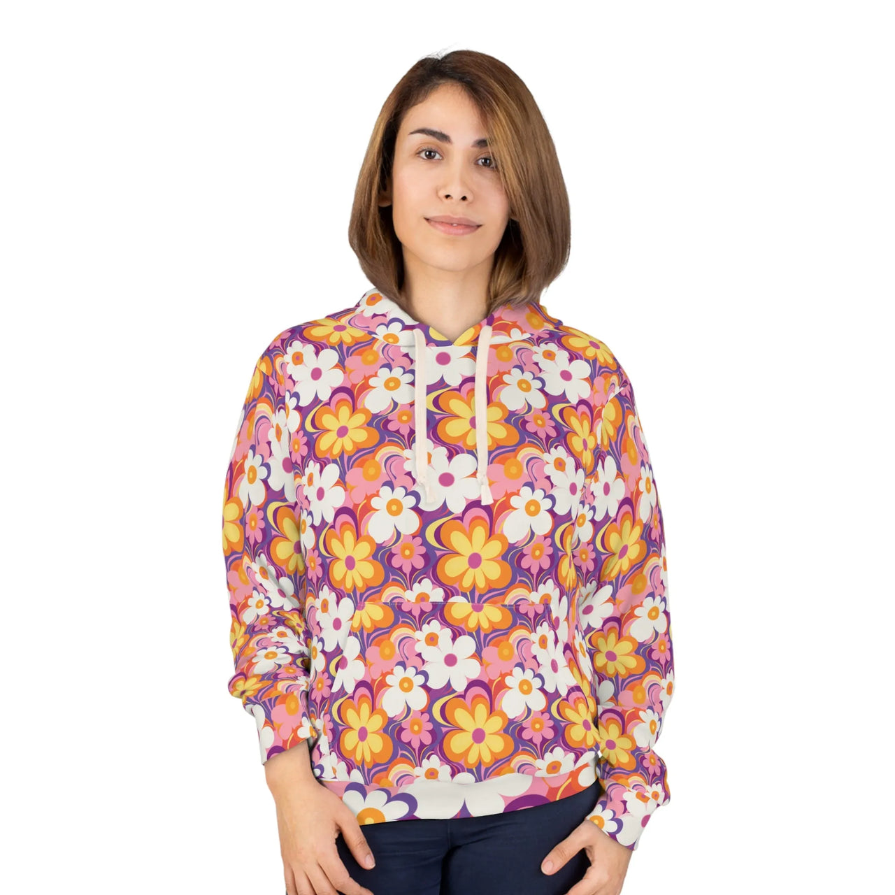Retro Radiance: Luminous Floral Hoodie for Artful Days
