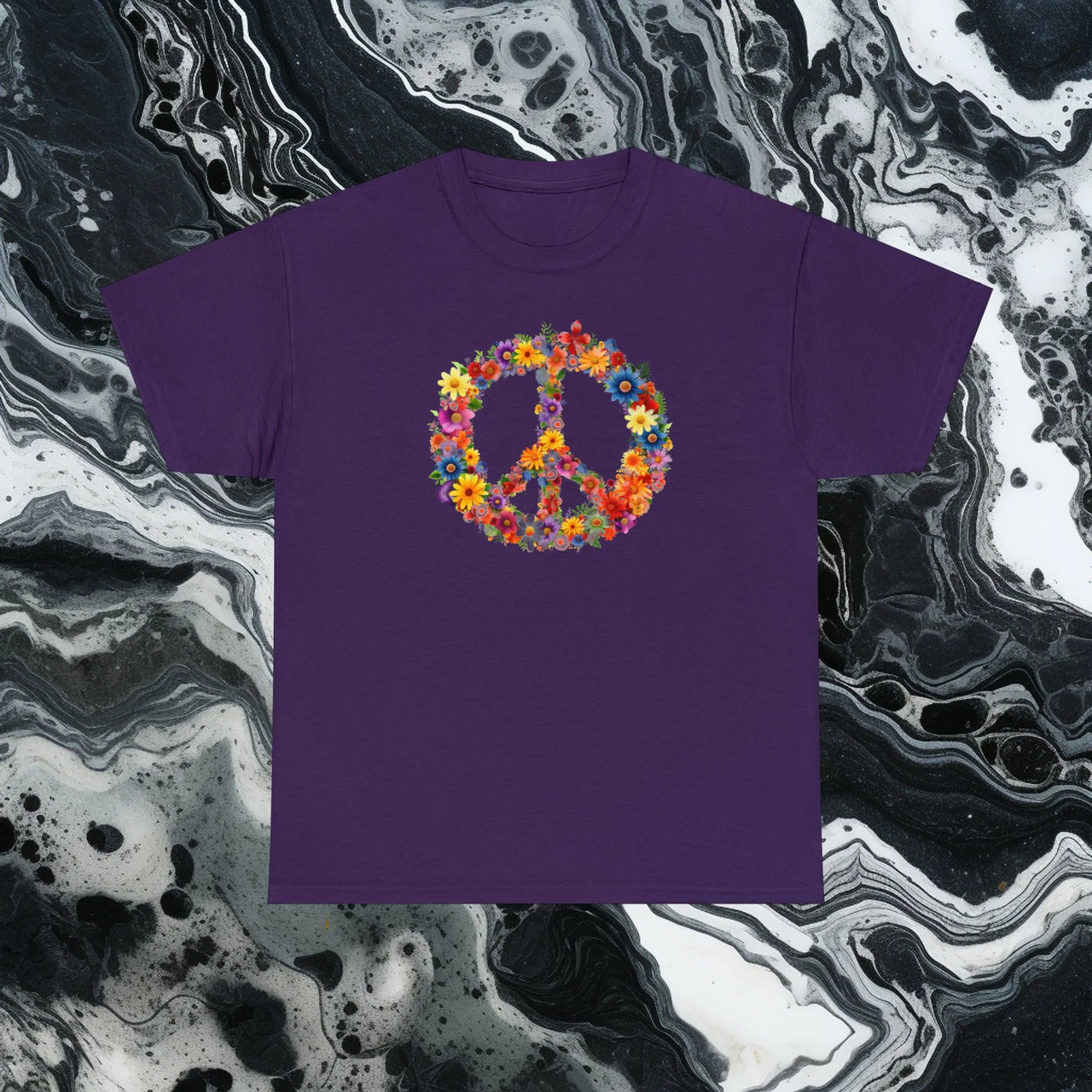 Flower Power Peace Sign Heavy Cotton Tee - Retro 70s Inspired T-Shirt