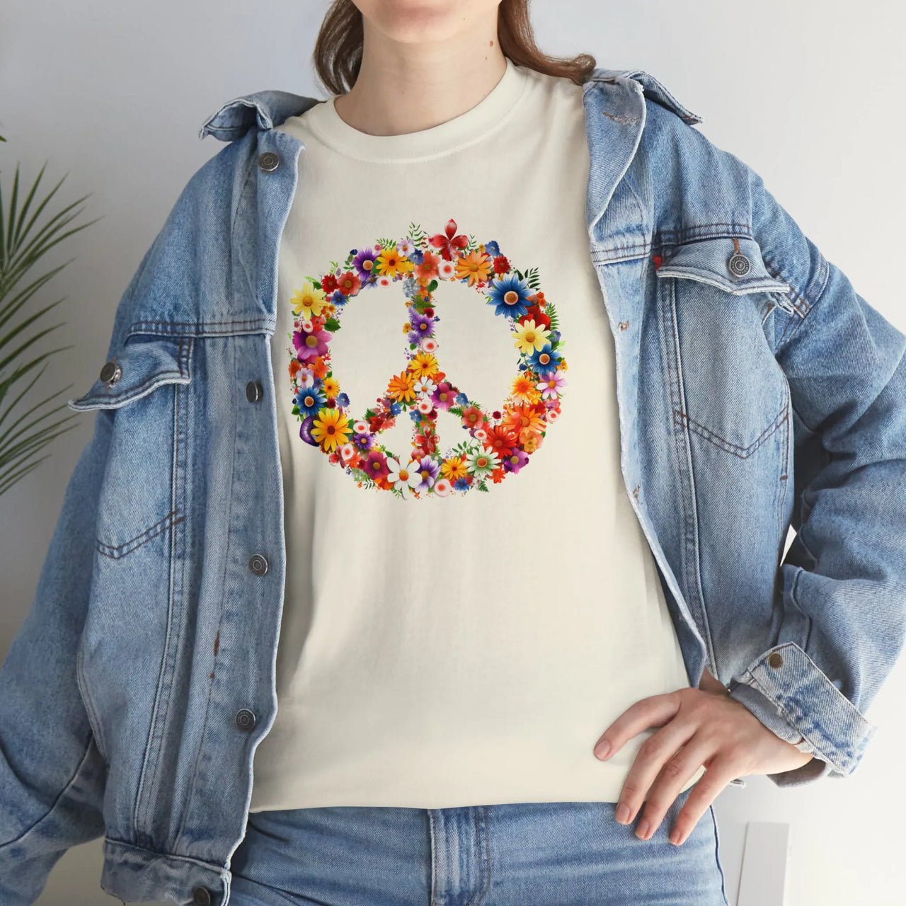 Flower Power Peace Sign Heavy Cotton Tee - Retro 70s Inspired T-Shirt