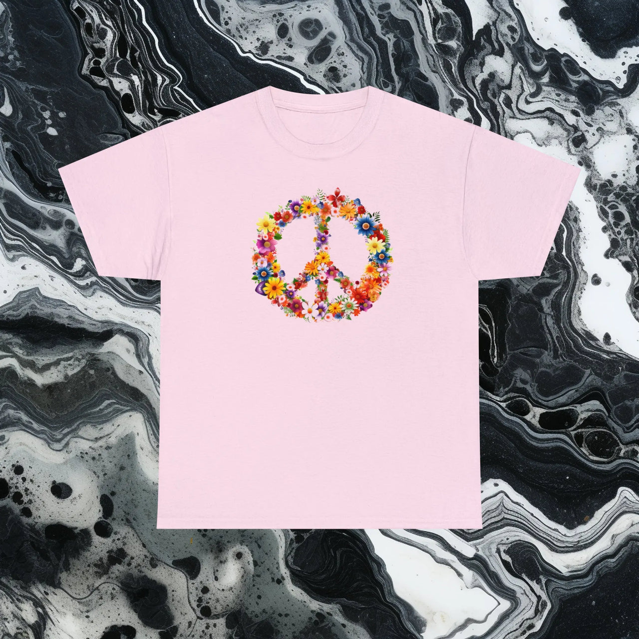 Flower Power Peace Sign Heavy Cotton Tee - Retro 70s Inspired T-Shirt