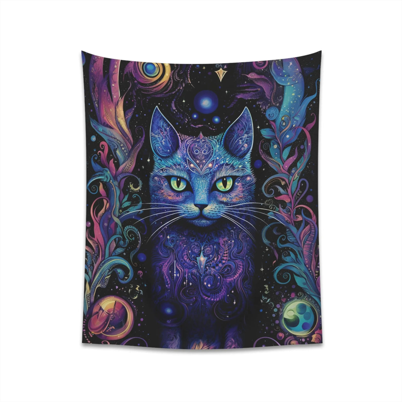 Psychedelic Blue Purple Cat Tapestry | Contemporary Quilt Style Wall Hanging