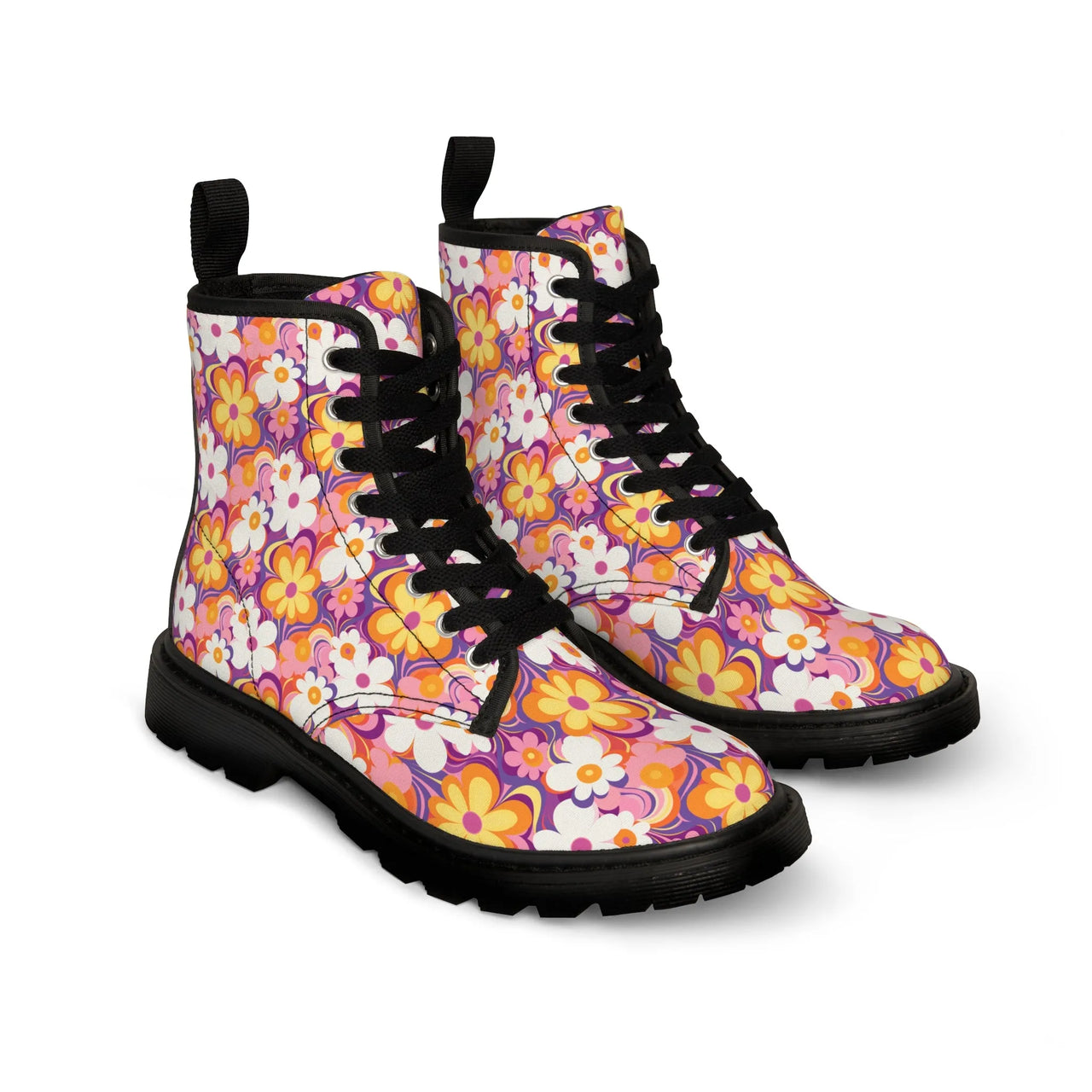 Groovy Garden Stroll: Retro '60s Inspired Floral Black Boots