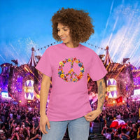 Thumbnail for Flower Power Peace Sign Heavy Cotton Tee - Retro 70s Inspired T-Shirt