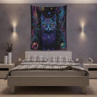 Thumbnail for Psychedelic Blue Purple Cat Tapestry | Contemporary Quilt Style Wall Hanging