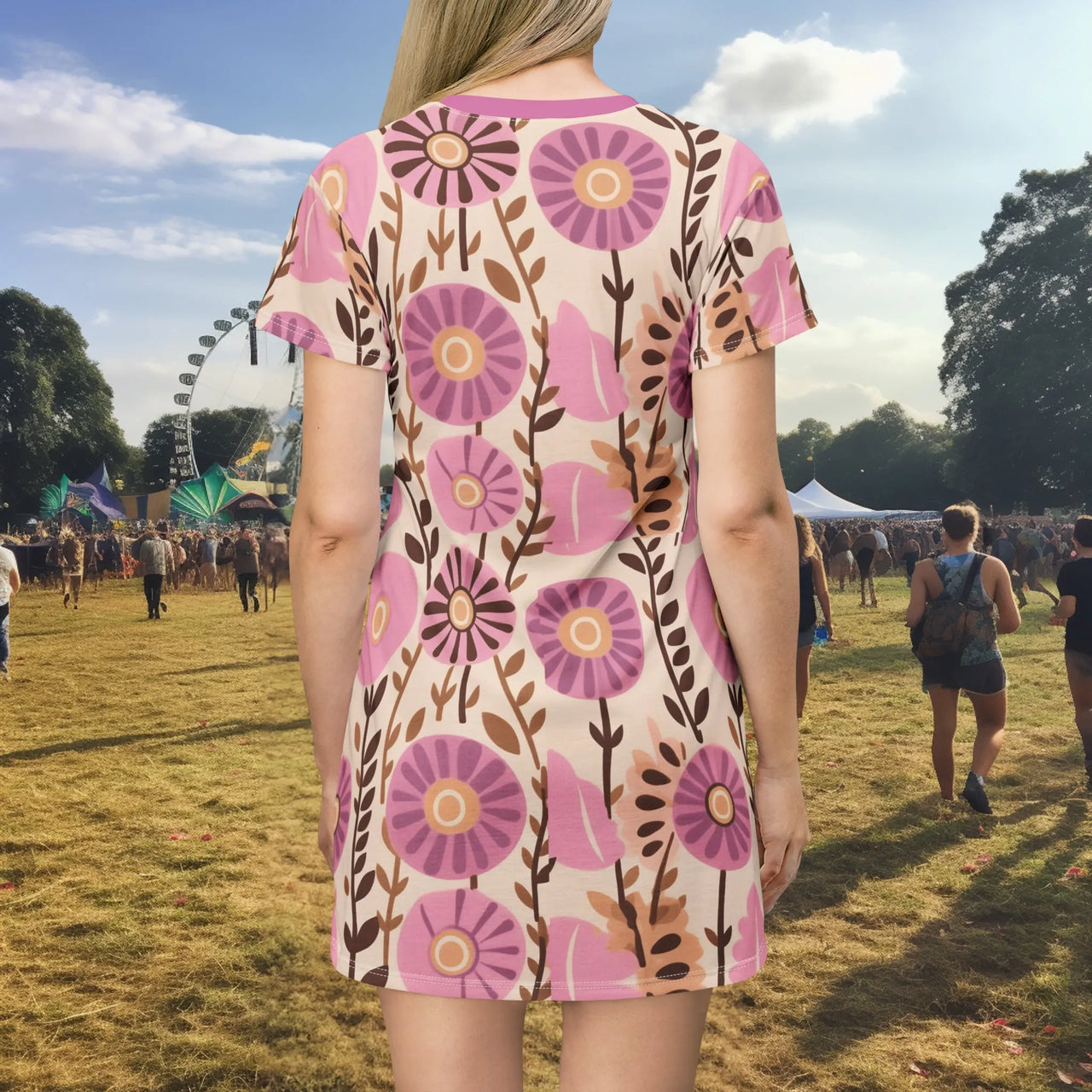 Casual Summer Days, Retro-Themed Gatherings, Artistic Photo Shoots T-Shirt Dress: 70s-Inspired Pinwheel Daisy Vines