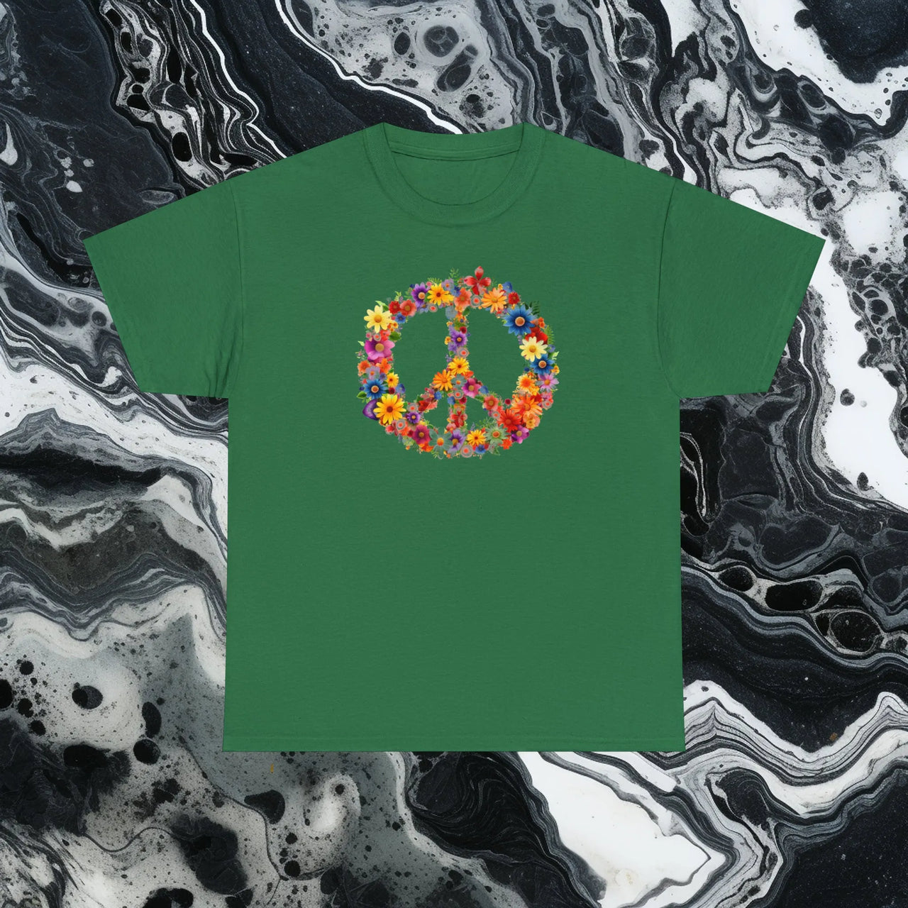 Flower Power Peace Sign Heavy Cotton Tee - Retro 70s Inspired T-Shirt