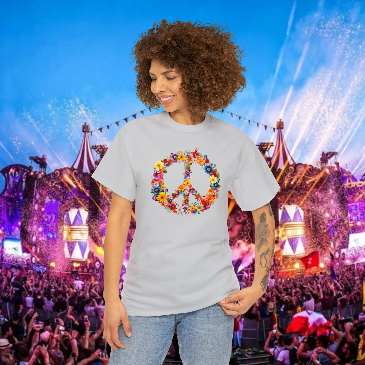 Flower Power Peace Sign Heavy Cotton Tee - Retro 70s Inspired T-Shirt