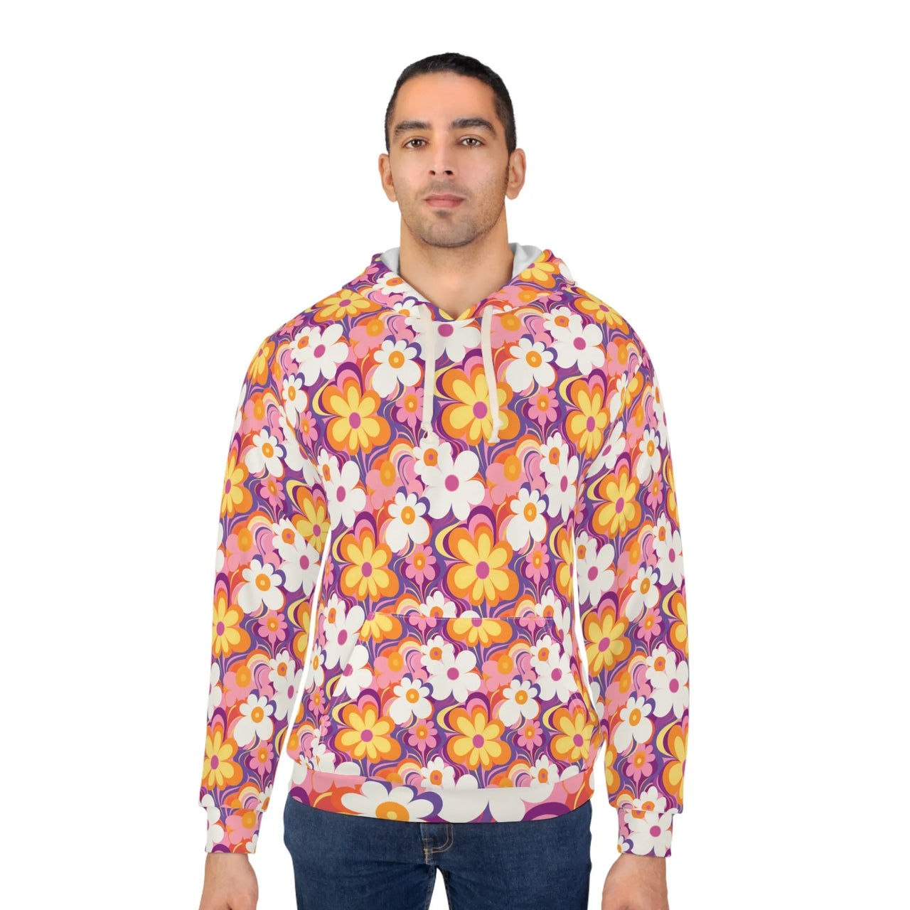 Retro Radiance: Luminous Floral Hoodie for Artful Days