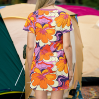 Thumbnail for 60s-Inspired California Poppy T-Shirt Dress - Vintage Floral Elegance for Women's Casual Wear