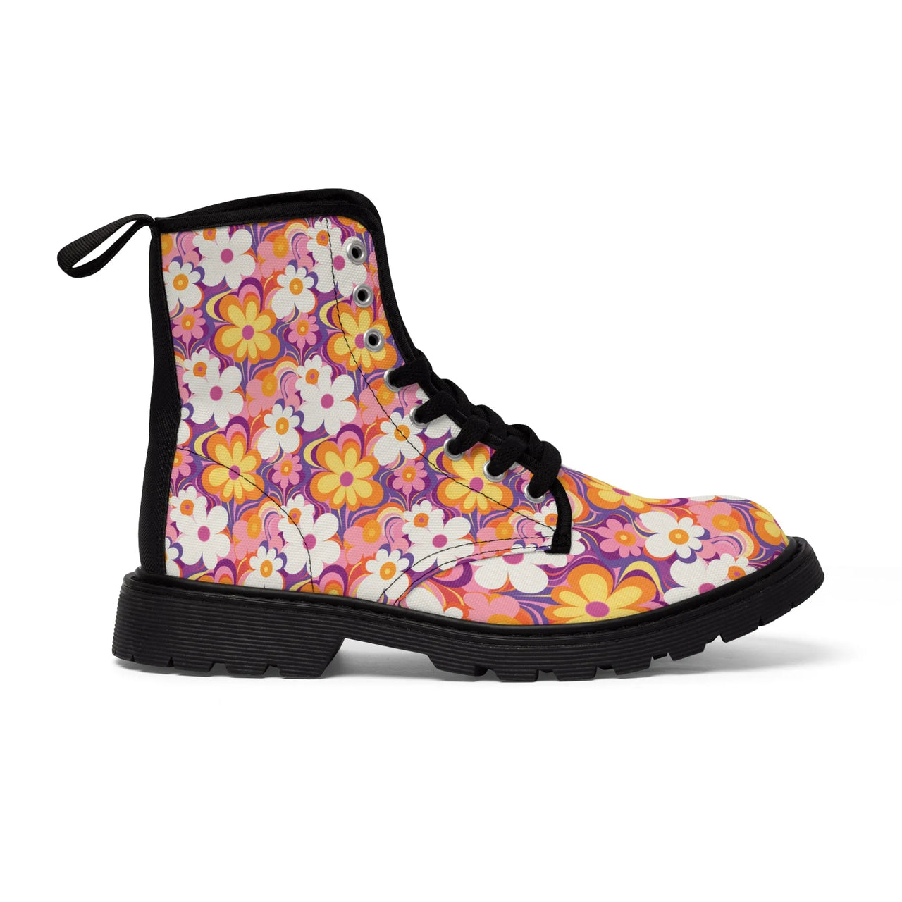 Groovy Garden Stroll: Retro '60s Inspired Floral Black Boots
