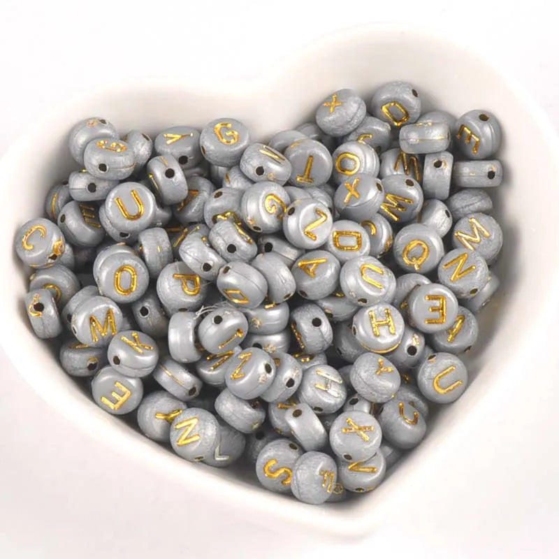 100PCs gray colour Acrylic Mixed  Alphabet/Letter Flat Round Pony Beads For Jewelry Making 7x4mm YKL0728X
