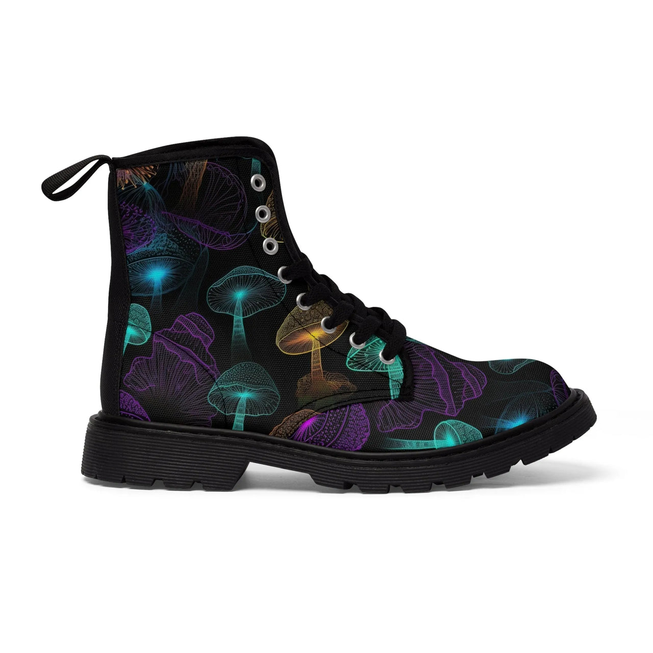 Alberto Sartoris Inspired Neon Mushroom Rave Women's Canvas Boots - Embrace Psychedelic Vibes with Alberto Sartoris Touch" - GroovyGallery