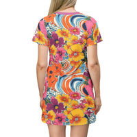 Thumbnail for California Dreaming T-Shirt Dress - 70s Retro Surf Waves & Poppy Bubble Flowers - GroovyGallery