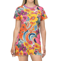 Thumbnail for California Dreaming T-Shirt Dress - 70s Retro Surf Waves & Poppy Bubble Flowers - GroovyGallery