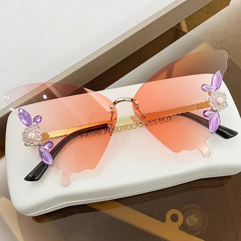 Luxury Designer Butterfly Sunglasses Vintage Brand Shades for Women Fashion Rimless Sun Glasses Bling Diamond Eyewear Uv400 - GroovyGallery