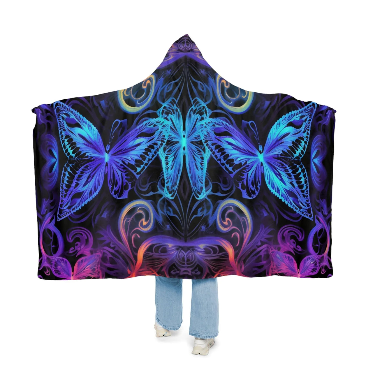 Vibrant Blue Butterflies Hoodie Cloak Blanket: Embrace the Festival Flutter - GroovyGallery